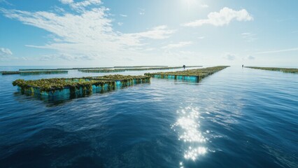 Obraz premium Vast ocean farm with nets full of seaweed, harvested for renewable biofuel. A blend of innovation and nature creating sustainable energy from the ocean