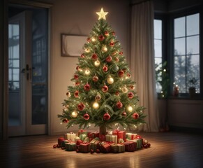 A Christmas tree decorated with ornaments and lights, twinkling lights, winter decoration, holiday decor