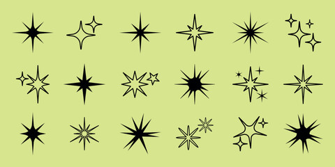 A collection of black starburst shapes on a light green background. Various starburst designs, each unique. Starburst icons for design projects. Element vector set.