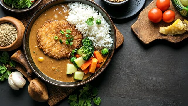 Delicious vegetarian curry with rice and mixed vegetables served on a rustic wooden table