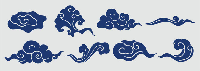 Set of blue cloud illustrations with swirling patterns. Decorative cloud designs, perfect for Asian-themed art. Blue clouds with intricate swirls. Chinese weather elements, vector set.