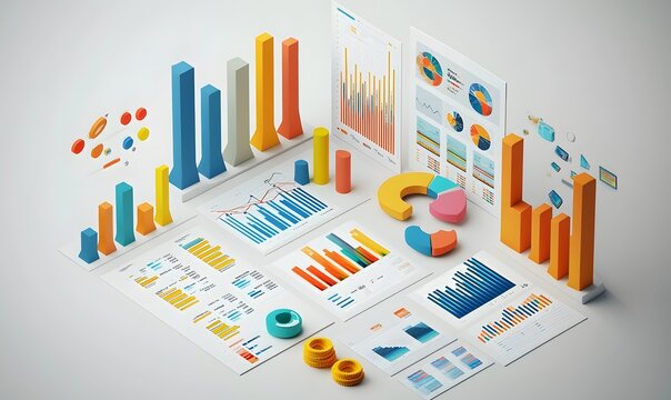 Colorful 3D charts & graphs data visualization.