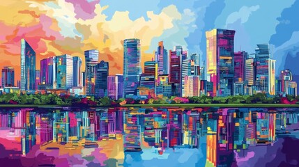Obraz premium Colorful city skyline reflected in water, vibrant sunset