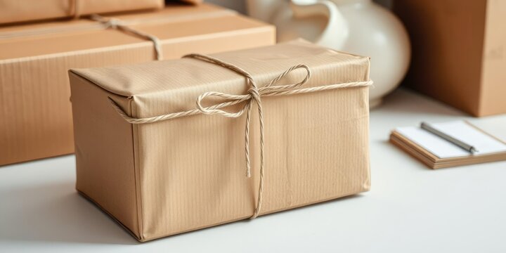 A close-up shot of a plain brown cardboard box with a simple string tied around it, organization, tied