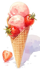 A delicious ice cream cone topped with two scoops and fresh strawberries.