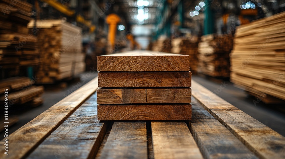 Poster stacked wooden planks on display in a brightly lit lumber mill with various types of wood in the bac