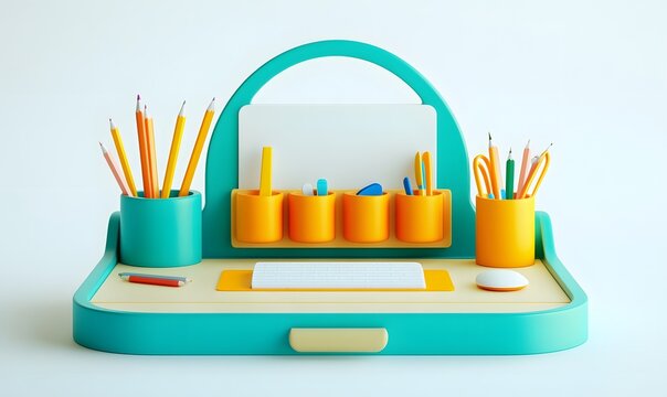 Colorful cartoon desk organizer with stationery.