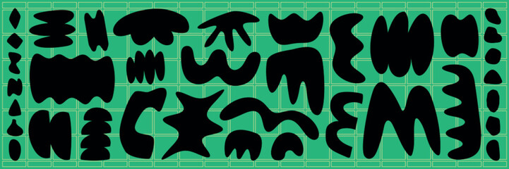 Abstract shapes on a green background. Black abstract shapes create a bold pattern. Geometric and abstract design with various abstract shapes. Funky shapes vector set.