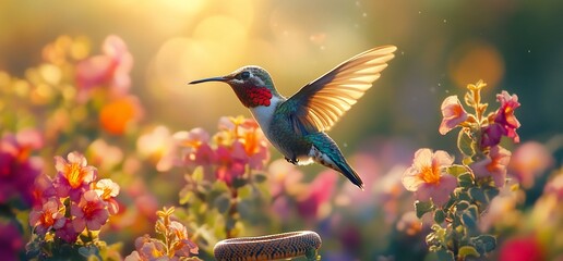 Fototapeta premium Hummingbird in flight over colorful flowers at sunset.