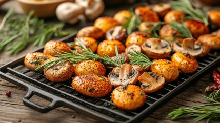 Grilled Mushrooms with Fresh Herbs on a Rustic Barbecue Rack