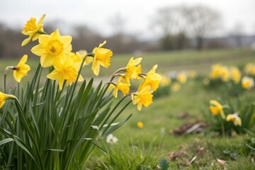 Fototapeta premium A colorful patch of freshly picked daffodils swaying gently in the spring breeze, blooming flowers, vibrant