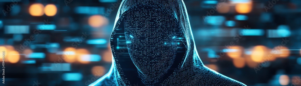 Poster anti tracking anonymity concept. mysterious figure in a digital hood with glowing data streams in a 