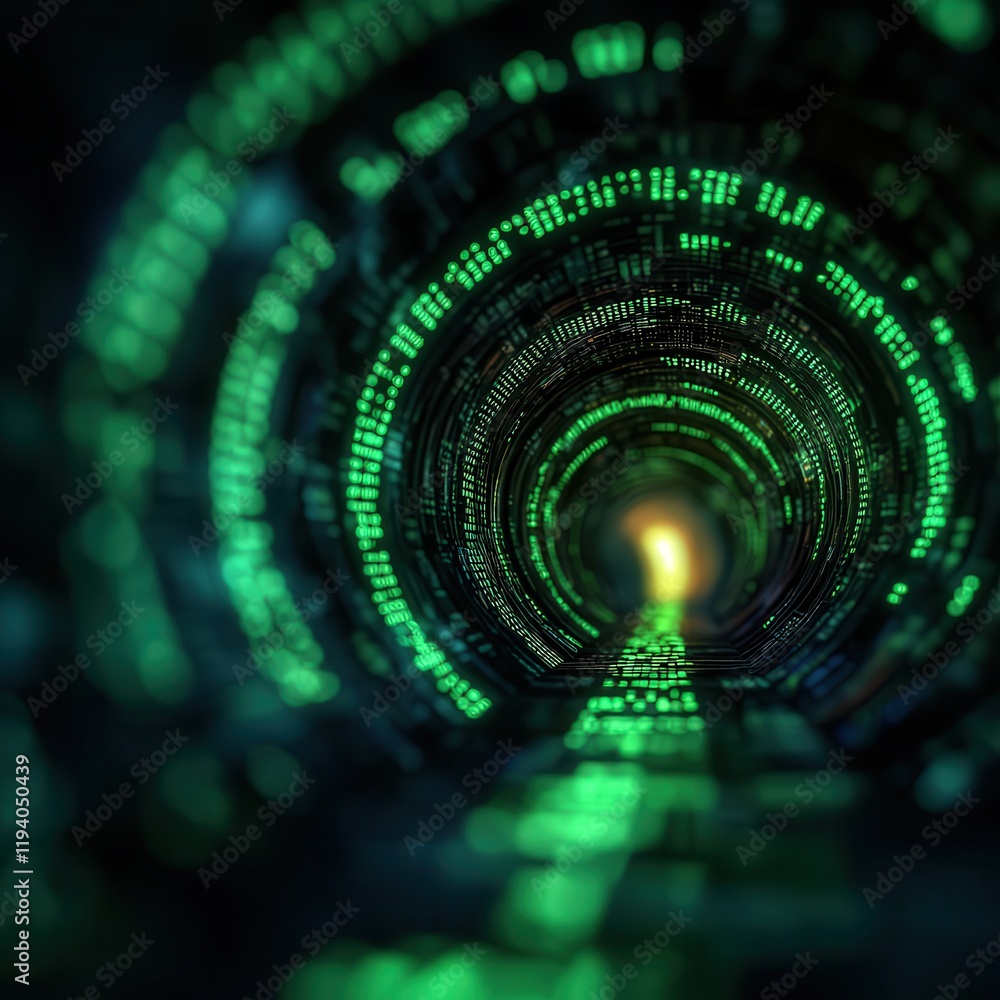 Aufkleber anti tracking anonymity concept. digital tunnel with glowing green binary code leading to a bright c