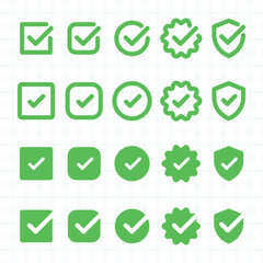 Set of green checkmark icons in various shapes: squares, circles, shields, and stars. Green checkmarks for approval, validation, and confirmation. Vector element set.