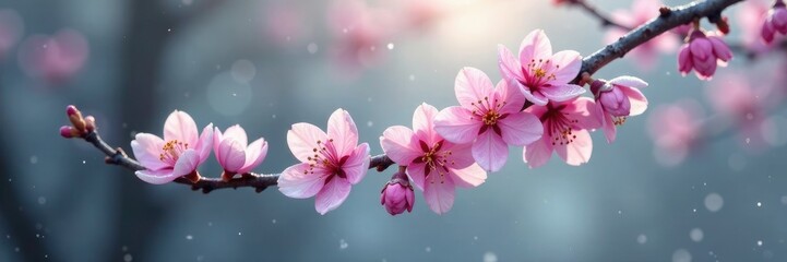 Pink blossoms on a bare tree branch in winter, tree branch, frost, cold
