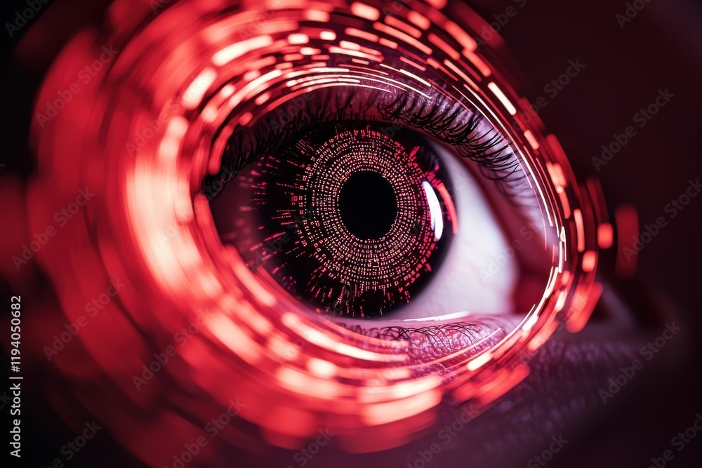 Poster anti tracking anonymity concept. vibrant eye surrounded by swirling red patterns, creating a mesmeri