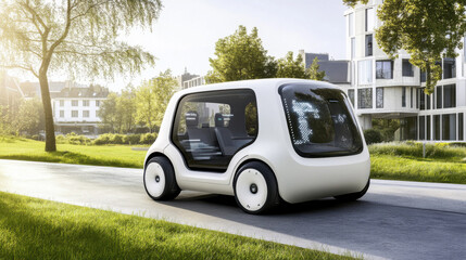 Futuristic autonomous electric vehicle in smart city with digital network and productivity symbols. Sci-fi technology concept showcasing new energy car and urban innovation.