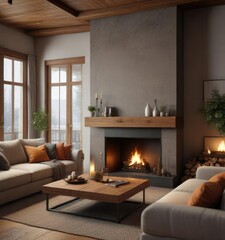 Fototapeta premium A cozy and inviting living room with a fireplace and comfortable seating, autumn leaves, comfortable seating, fall colors