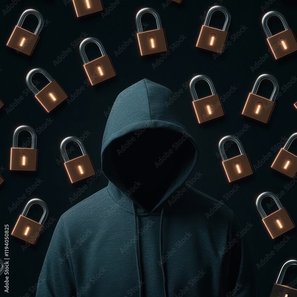 Poster anti tracking anonymity concept. hooded figure with a dark background and multiple padlocks symboliz
