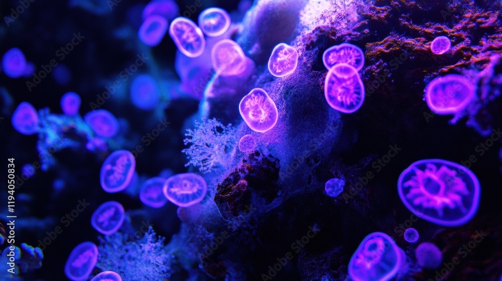 Poster glowing bacteria thrive under ultraviolet light in a marine environment during nighttime observation
