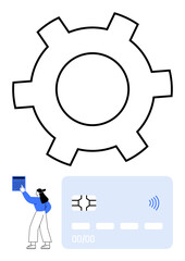 Large cogwheel above a woman holding a tablet with credit card image. Symbolizes financial management, technology integration, and business processes. Ideal for fintech, innovation, workflow