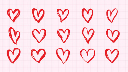 Grid of hand-drawn red hearts on a white background. Sketchy hearts in various styles. Red hearts, hand-drawn, sketched hearts, white grid background. Cute hand drawn Valentine's Day vector set.