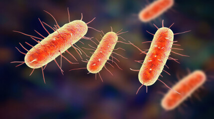 Close-up view of salmonella bacteria under a microscope, showcasing vibrant colors and rod-shaped structure, representing microbiology and scientific research concepts.