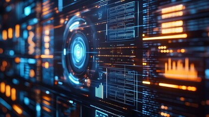 Futuristic Digital Interface Displays Data Streams and Graphs