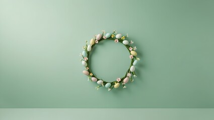 modern Easter background with a pastel green solid base. Featuring a floating Easter wreath adorned with soft flowers and eggs
