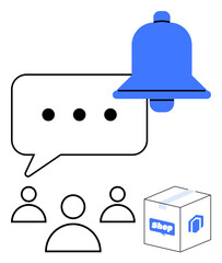 Notification bell, chat bubble with dots, three user icons, and a box with a shop logo. Ideal for communication, notifications, collaboration, customer support, e-commerce logistics or abstract