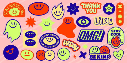 Colorful stickers with smiley faces, positive messages like 'Stay Awesome,' 'Thank You,' 'OMG,' and 'Be Kind' Bright, fun, and uplifting designs Funky stickers, vector set