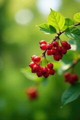 Red berry clusters on a wild bush in a sun-drenched meadow, leaves, natural scenery