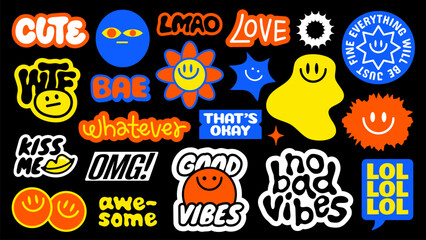 Colorful stickers with playful phrases like 'cute', 'love', 'good vibes', and 'LOL' Bright designs with smiley faces and positive words Fun and vibrant vibes Funky stickers, vector set