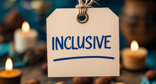 inclusive handwritten on paper tag at table background