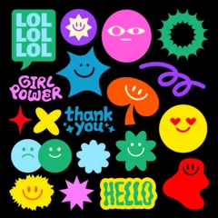 Lichtdoorlatende gordijnen Colorful stickers with smiley faces, stars, and text like 'LOL', 'Girl Power', 'Thank You', and 'Hello' Bright, playful designs with various shapes and expressions Funky stickers, vector set © Rawpixel.com