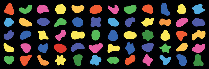 Colorful abstract shapes on a black grid. Shapes include pink, orange, yellow, and green. Abstract shapes on grid create a vibrant, colorful pattern. Colorful shapes, vector element set.