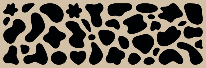 Abstract black shapes on a white background. Random, irregular forms create a pattern. Abstract shapes, black and white, irregular forms, pattern. Black shape vector set.