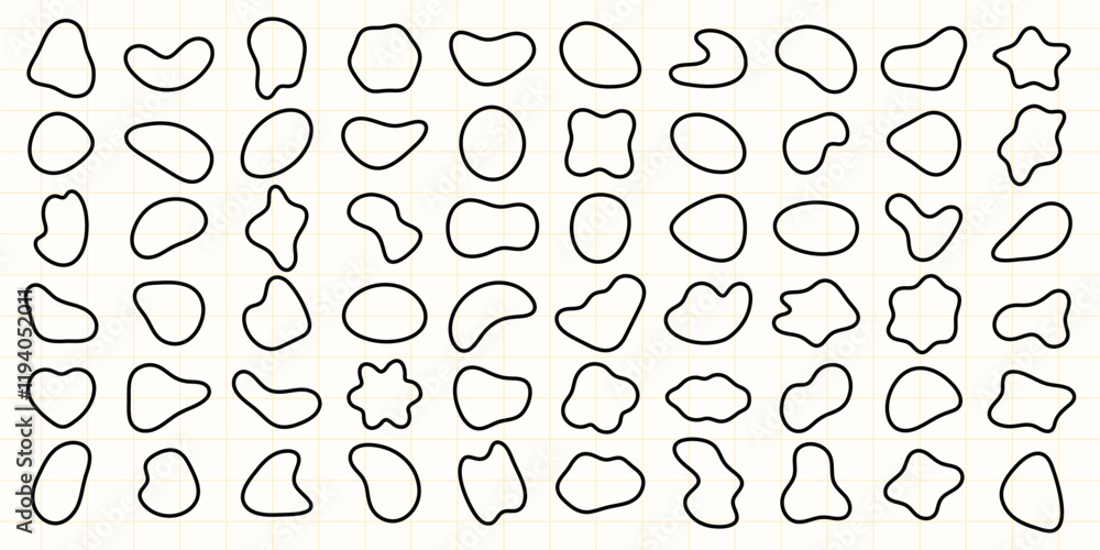 Poster Abstract shapes pattern with irregular outlines. Black abstract shapes on a grid. Unique abstract shapes create a dynamic, artistic pattern. Black shape vector set.