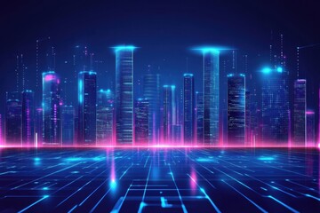 Fototapeta premium Cityscape illuminated by neon lights showcases vibrant skyscrapers at night in a futuristic urban environment. Generative AI