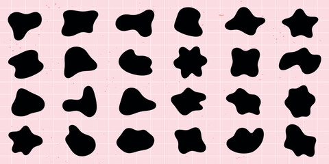 Abstract black shapes on a pink grid background. Various abstract forms, black shapes, and grid patterns create a unique visual. Abstract and creative design. Black shape vector set.