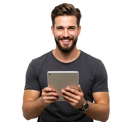 Portrait of handsome smiling man using a tablet computer.