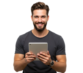 Portrait of handsome smiling man using a tablet computer.