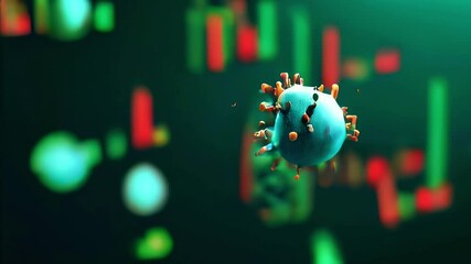 A digital representation of a virus with stock market charts in the background. - Powered by Adobe