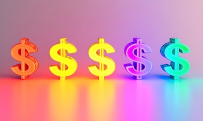 Five colorful dollar signs in a row.