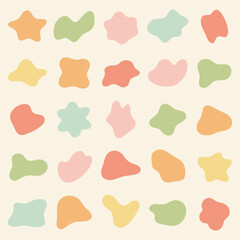 Abstract shapes in pastel colors, featuring stars, blobs, and organic forms. Soft pastel tones create a playful, abstract pattern with colorful shapes. Pastel shapes, vector element set.