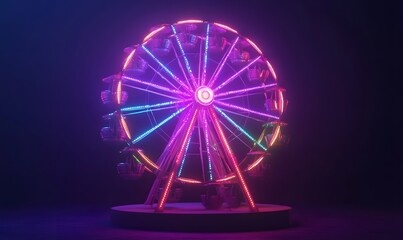 Neon Ferris wheel at night.