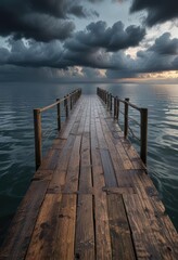 Fototapeta premium A long wooden pier extends out into the water with dark clouds covering the sky and a sense of isolation, isolation, dark clouds, wooden pier