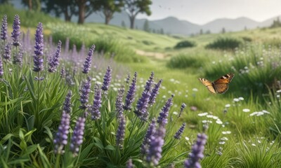 Obraz premium a lush green meadow with a sprinkling of fresh lavender blooms and a few butterflies fluttering about, lavender flowers, wildflowers