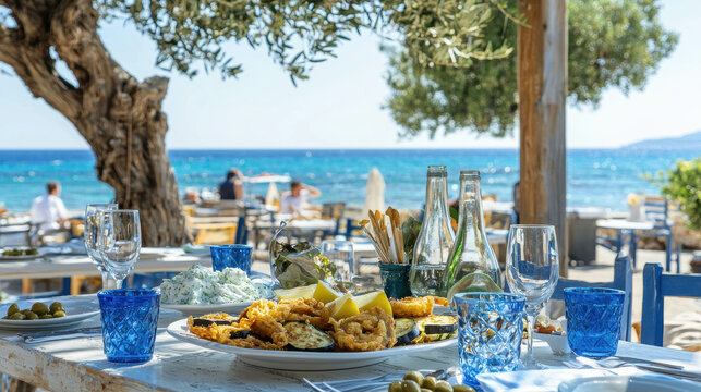 Mediterranean Coastal Lunch: A picture-perfect setting for a delightful lunch by the Mediterranean Sea. A beautifully set table with glasses, bread sticks, fresh olives. - Powered by Adobe