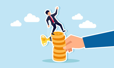 A businessman tries to balance standing on a stack of dollar coins damaged by a hand while accidentally dropping a trophy, illustration of achievements lost due to financial instability